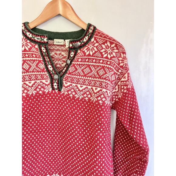 Vintage LL Bean Sweater S Red Nordic Fair Isle 100% Wool Christmas Apres Ski USA - Picture 2 of 7